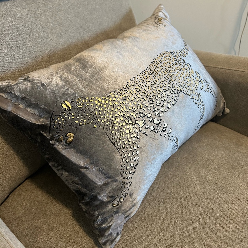 Gray Velvet Pillow with Leopard Design - Picture 2 of 3